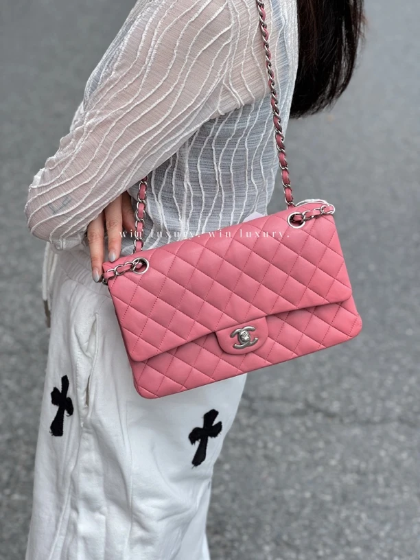 95新 Chanel/香奈儿 香奈儿粉银cf中号单肩斜挎包 18开