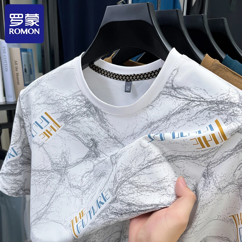 Romon/罗蒙夏季冰丝短袖t恤男新款圆领薄款潮流时尚休闲男装T恤衫