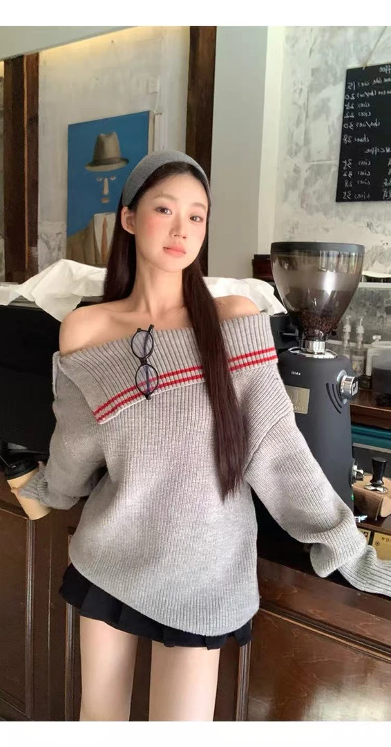 一字领设计感毛衣女2025新款秋冬季穿搭斜肩上衣宽松高级感针织衫