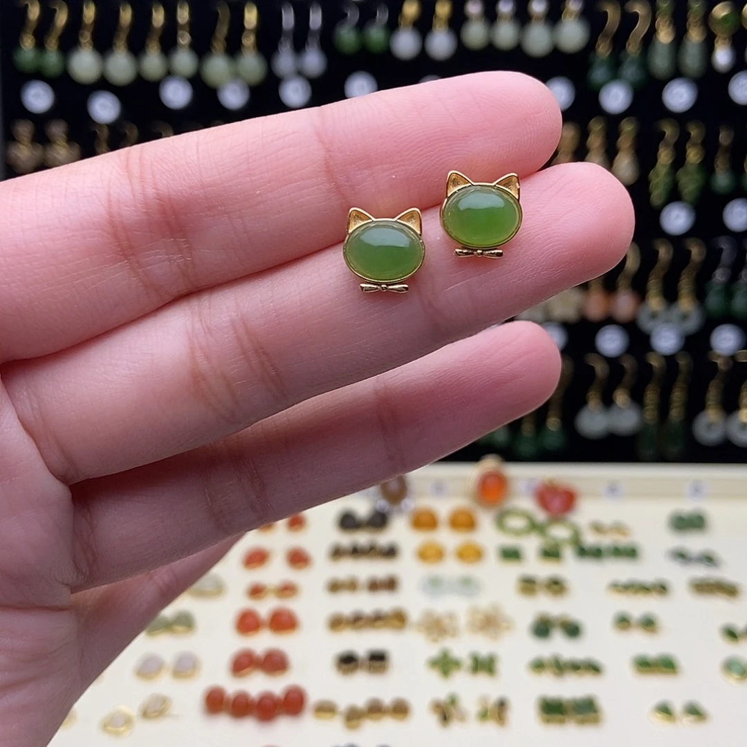 和田玉银S925镀金镶嵌耳饰