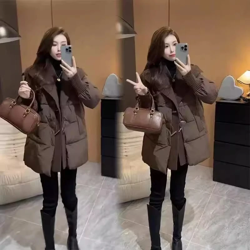 2025冬季新款韩版时尚毛巾披肩领棉服外套女保暖加厚棉衣中长款潮