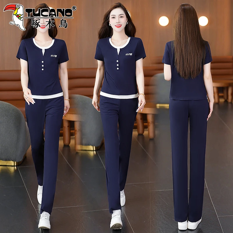 啄木鸟时尚休闲套装女夏季2025新款薄款灰色假两件短袖运动两件套