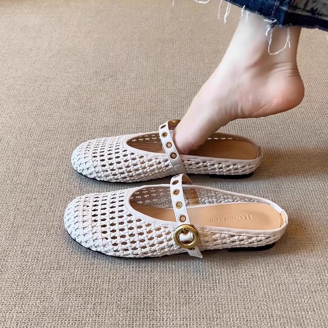 羊皮版！复古皮带法式镂空透气包头半拖鞋夏季新款外穿平底凉鞋