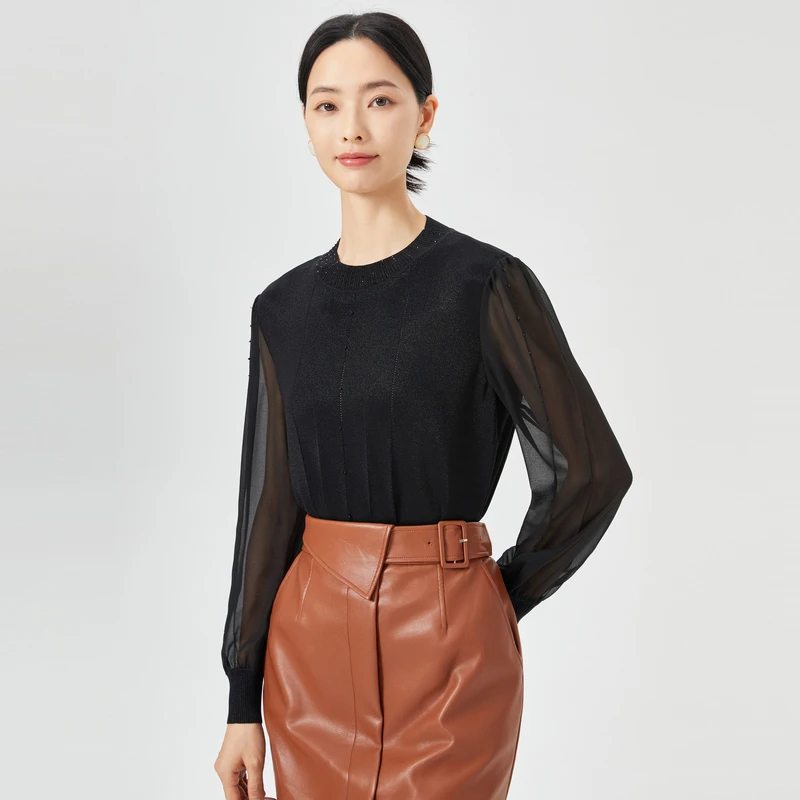 娜尔思气质简约低圆领针织衫女25早春新款通勤长袖上衣NZ03381W0