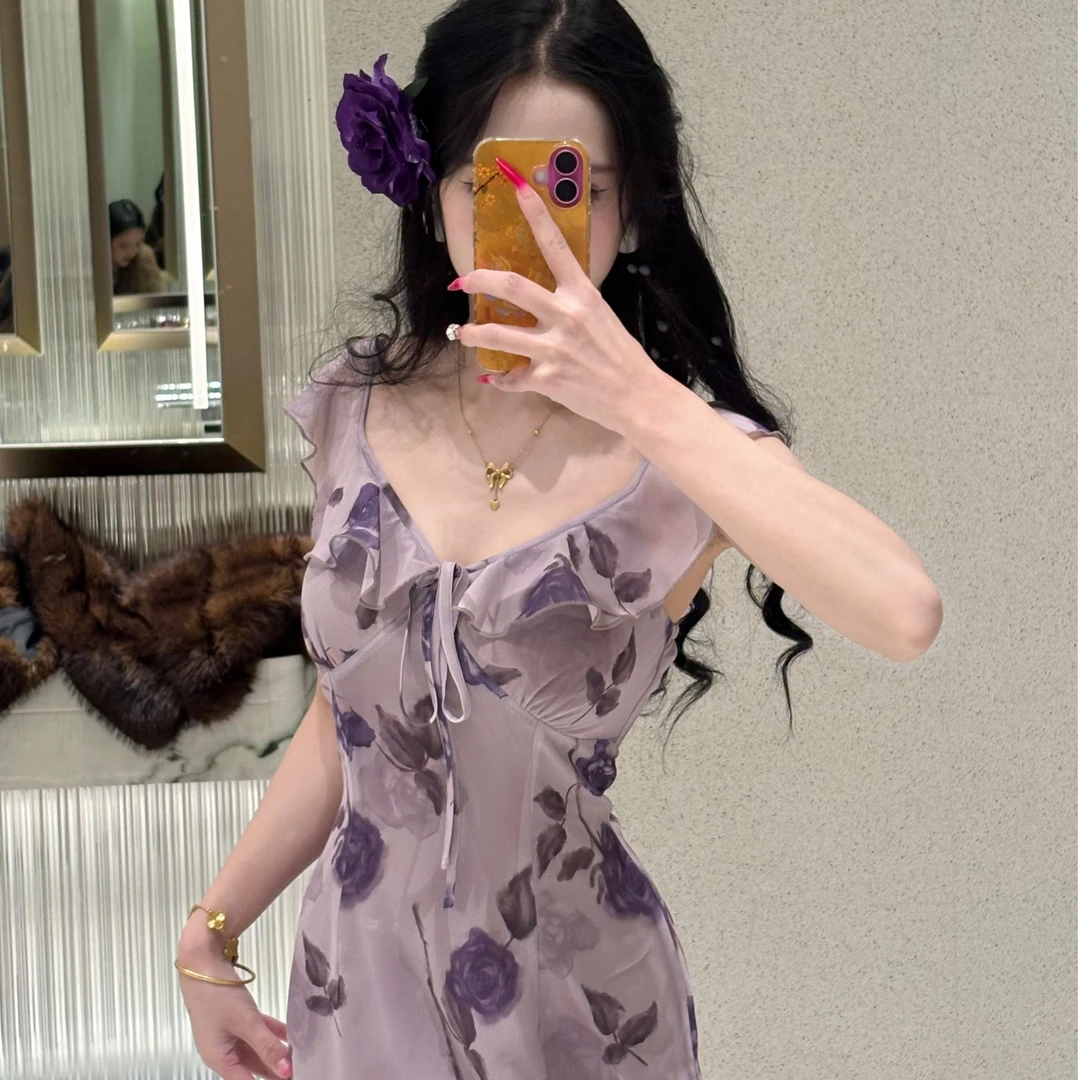 LHMknk1画报夫人原创自制显瘦纯欲碎花新中式夏季连衣裙 罗马玫瑰