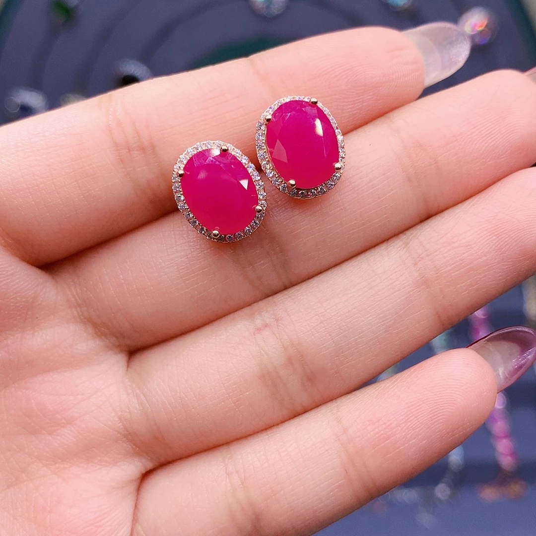 红宝石耳饰银S925镶嵌