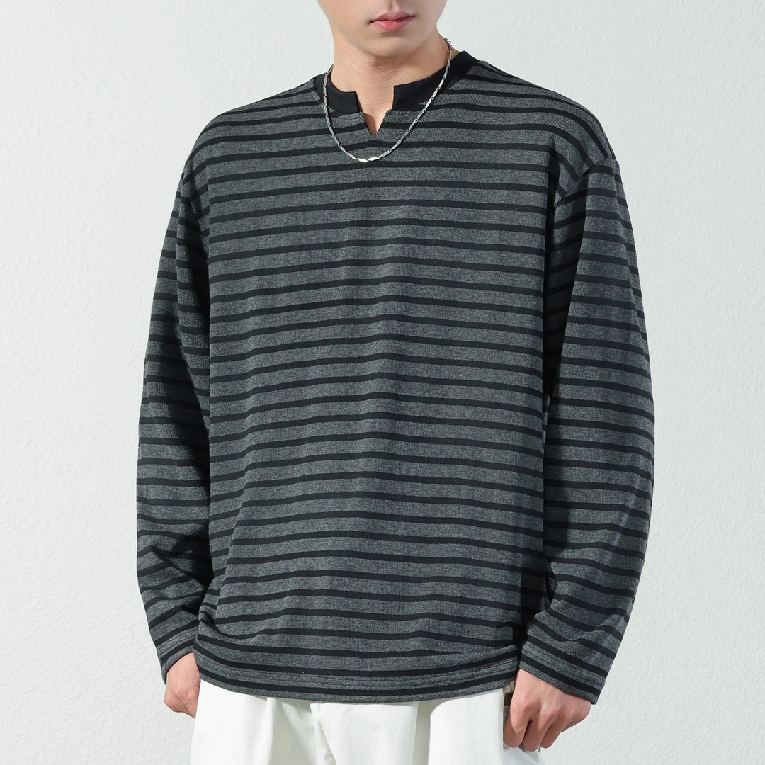 号志HAOZHI2025秋冬季新款长袖t恤男士宽松V领大码条纹内搭打底衫