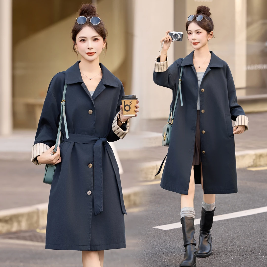 简约气质收腰翻领系带风衣外套女秋新款今年流行中长款英伦风大衣