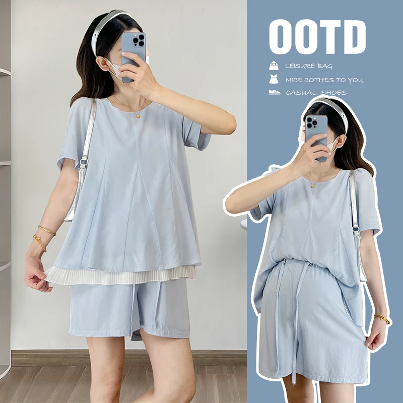 夏季气质通勤孕妇装高级孕期穿搭假两件圆领上衣+休闲短裤套装夏