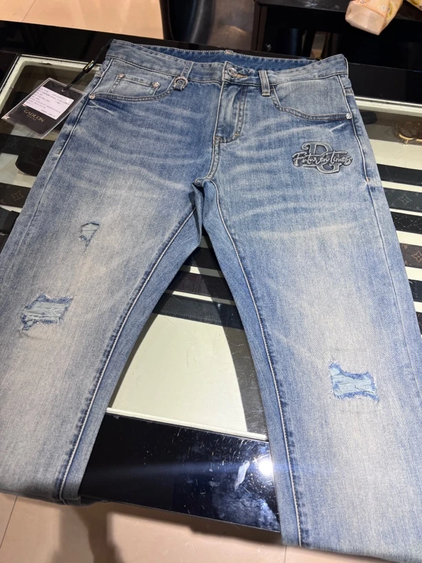 夏款男士破洞印花浅蓝色牛仔裤修身裤子新中式