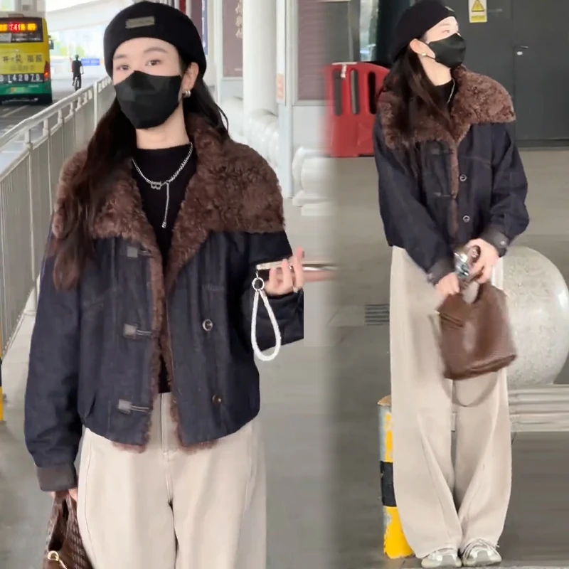 时尚羊羔毛大翻领牛仔短外套女2025冬季新款加厚宽松短款夹克外套