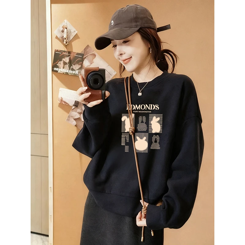 胖mm时尚宽松百搭卫衣女秋冬季韩版新款大码套头休闲圆领加绒上衣