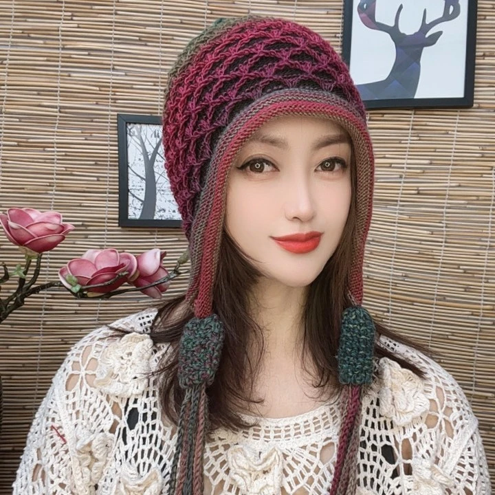2025手工针织【彩虹渐变色】小葫芦流苏秋冬时尚包头帽护耳帽