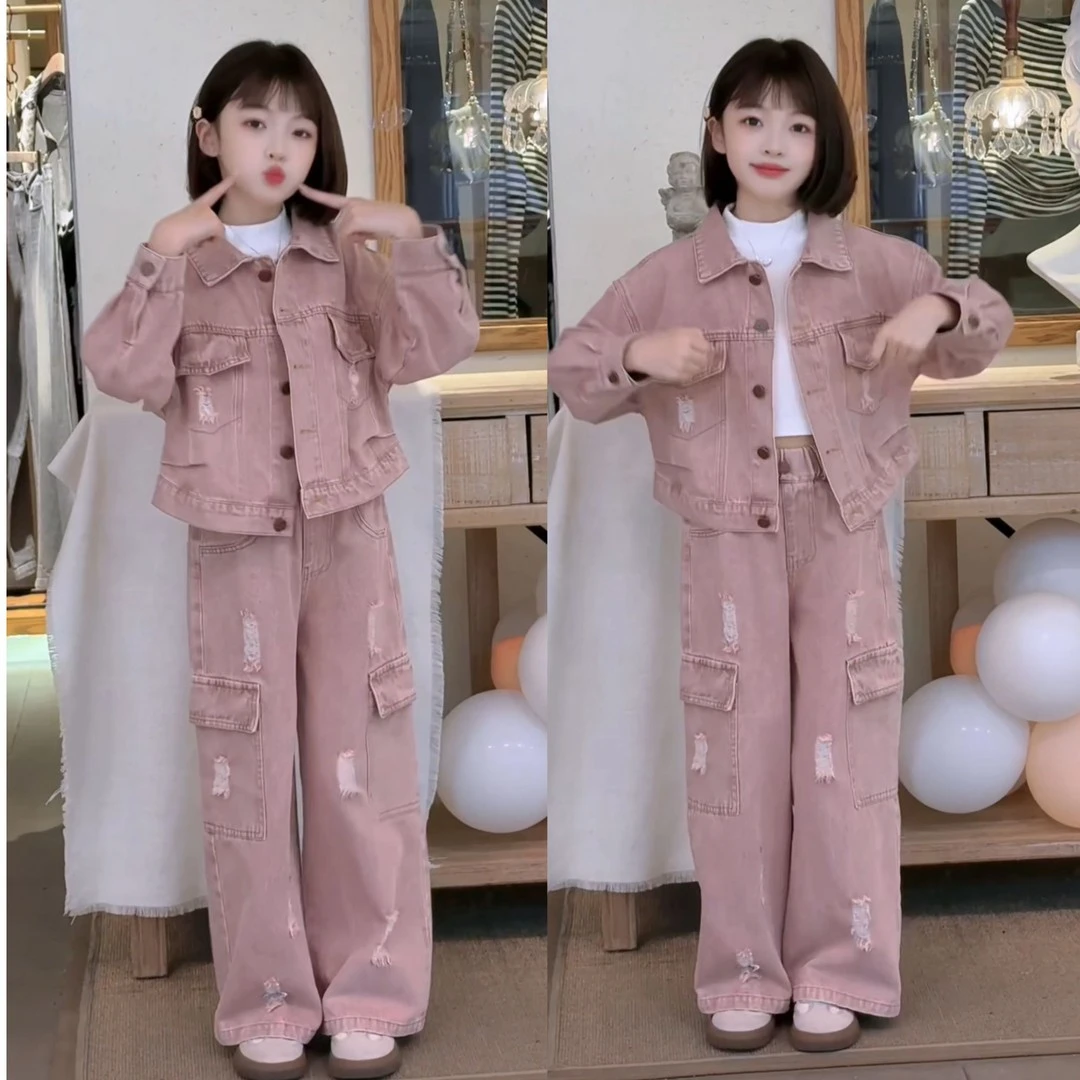 女童秋季新款潮酷时髦短款牛仔外套破洞韩系工装牛仔裤套装