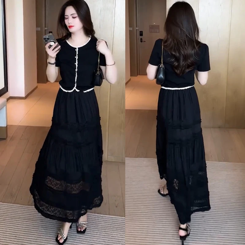 时尚连衣裙套装女2024夏季新款洋气减龄短袖T恤半身裙气质两件套