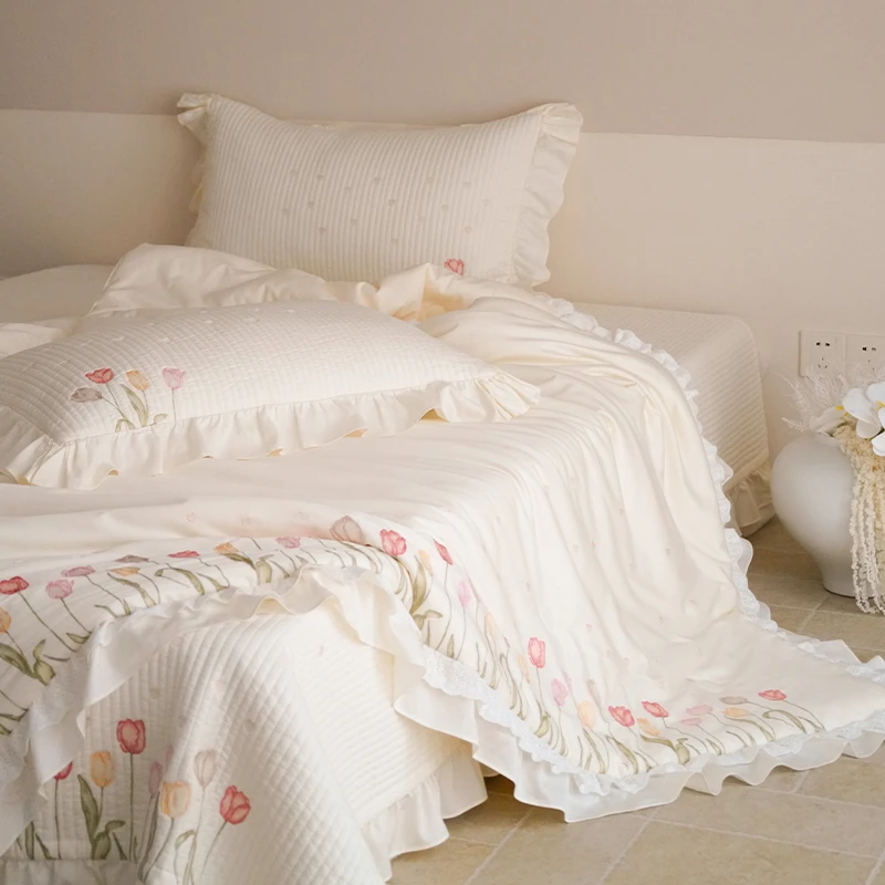 法式公主风丨天丝棉夏凉被床盖四件套被套蕾丝花边白色夏季床品
