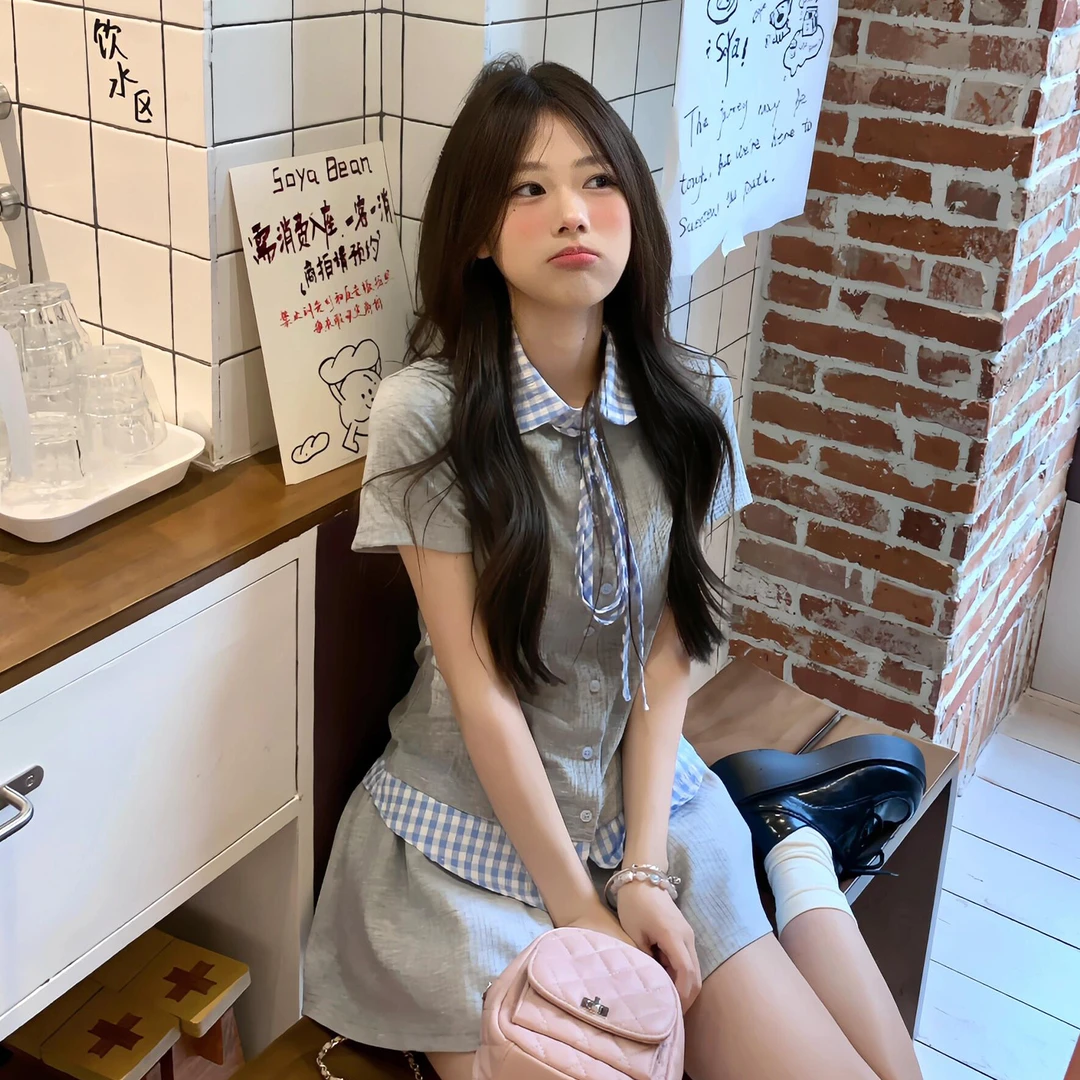 韩系学院风假两件短裙套装女2025新款小个子巨法式长款修身连衣裙