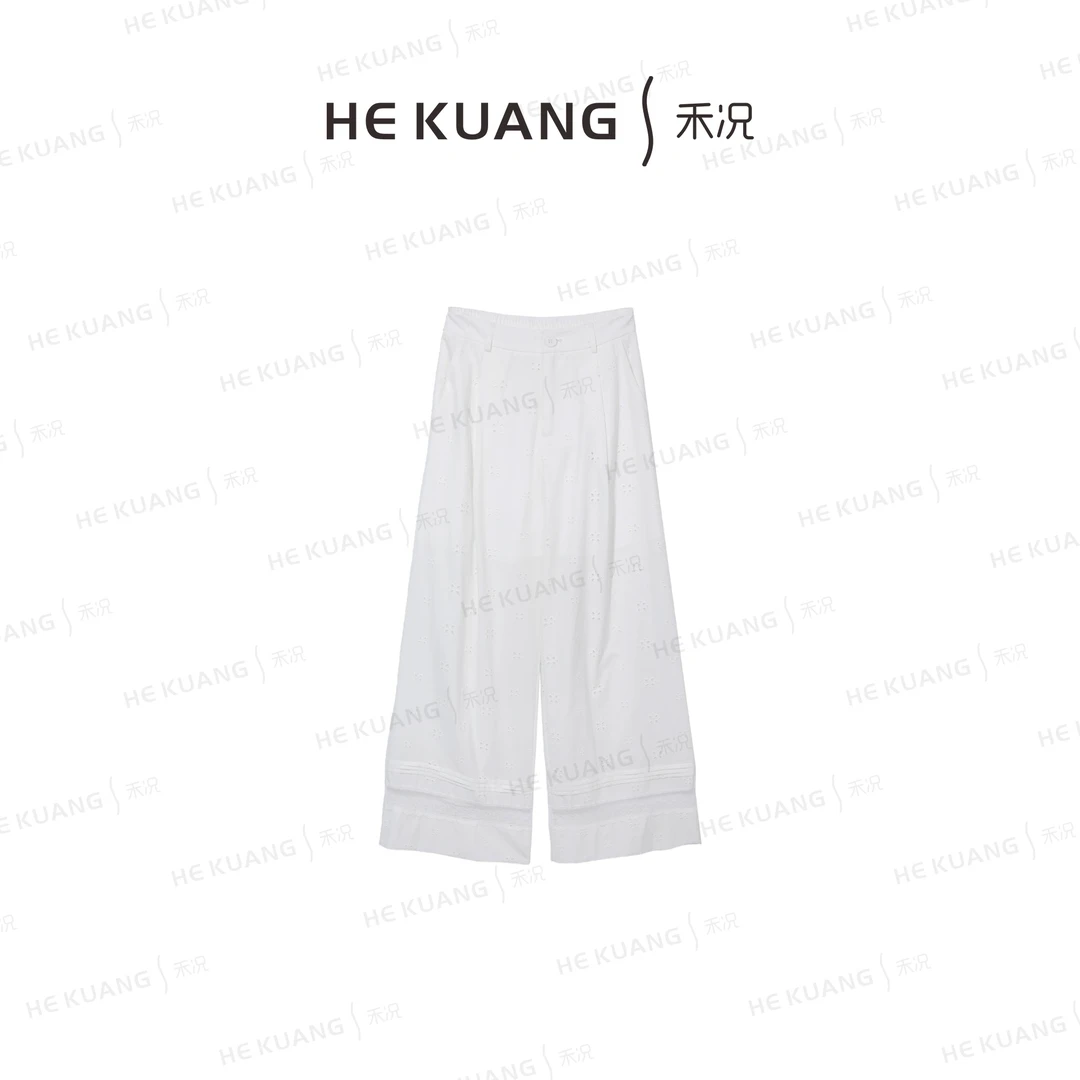 禾况HEKUANG【素娟】镂空绣花透气蕾丝花边直筒阔腿休闲裤K652 0165