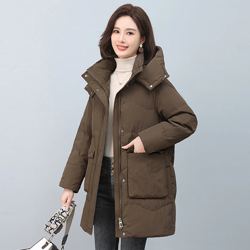 3335冬装新款加厚羽绒服女大码宽松休闲连帽中长款羽绒外套防寒