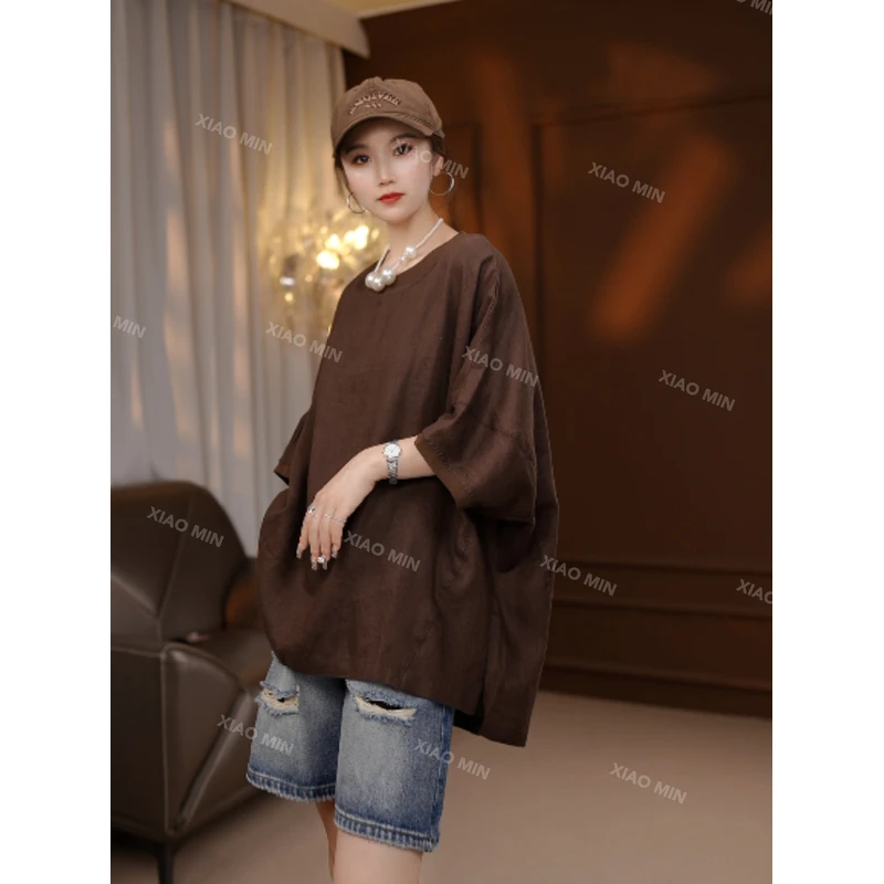 2025夏季新款欧韩时尚法式圆领蝙蝠袖简约设计感纯亚麻上衣女1818