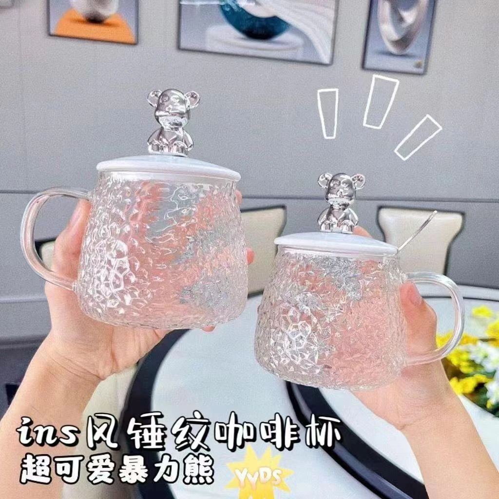 小熊锤纹杯子玻璃杯高颜值水杯咖啡杯茶杯奶茶杯子礼品杯子ins