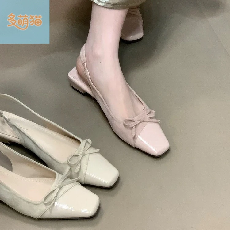 仙女风温柔小众蝴蝶结拼接后女鞋跟凉鞋配裙子包头粗空方头单鞋女