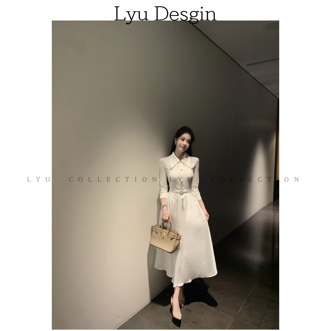 LYU【白雪韩女】气质定制扣针织上衣流光缎面A字长裙裙