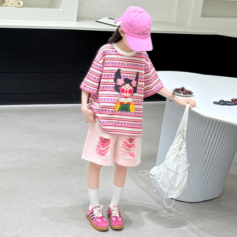 女童夏款条纹短袖t恤套装2025新款中大童女孩儿童潮t牛仔短裤薄款