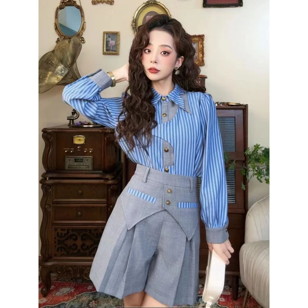 2024早春新款时尚条纹衬衫高腰显瘦西裤套装裙子港风复古气质两件
