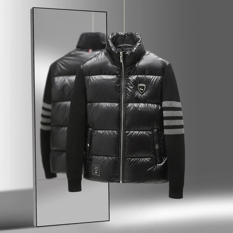 法帝卡尔克轻奢潮牌立领针织拼接90白鸭绒羽绒服男士高端保暖外套