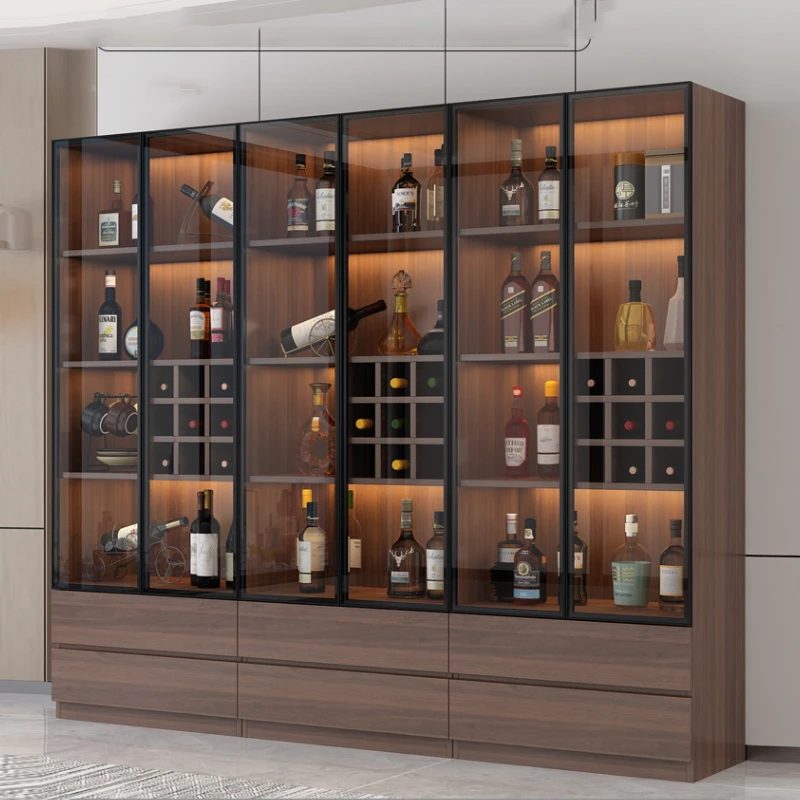 轻奢木质酒柜现代简约靠墙客厅玻璃门展示柜子小型家用储物柜