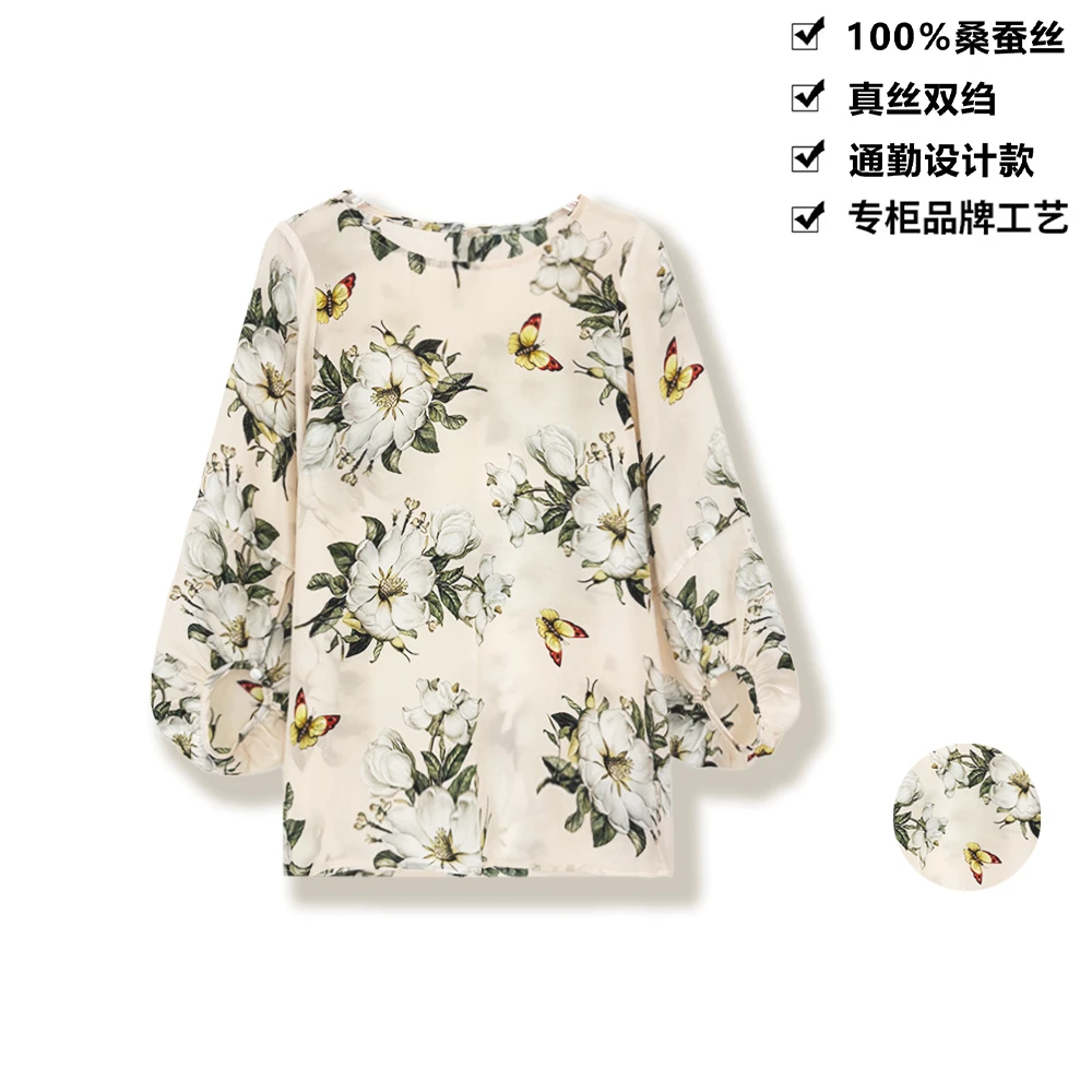 100桑蚕丝真丝小衫优雅栀子花开气质圆领灯笼袖桑蚕丝上衣DLX211