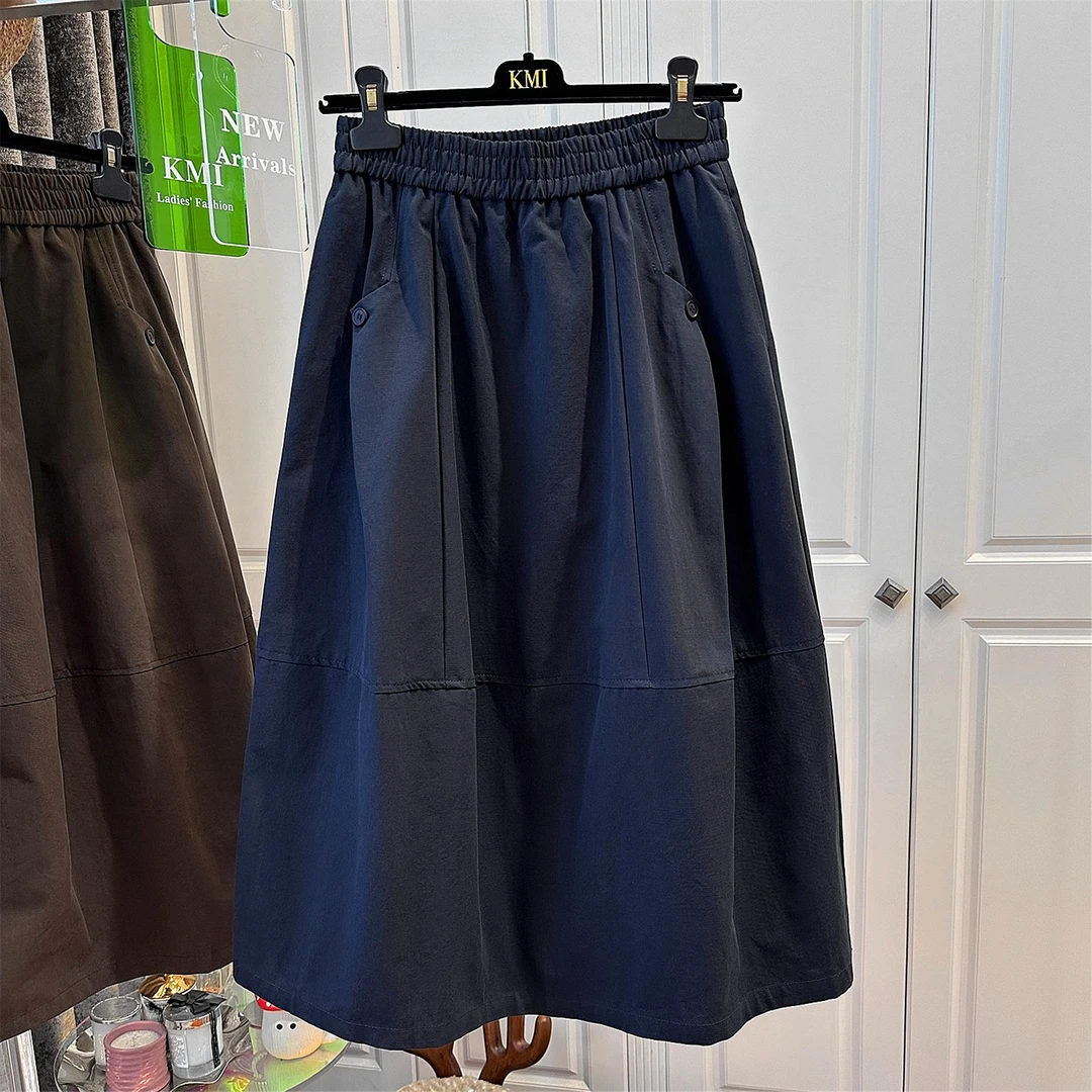 韩系极简风纯色褶皱松紧腰宽松百搭半身裙女伞裙遮肉显瘦2025早秋