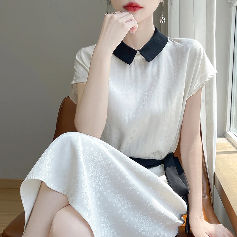 醋酸缎面短袖连衣裙女长款翻领印花高级收腰裙子高端大码气质长裙