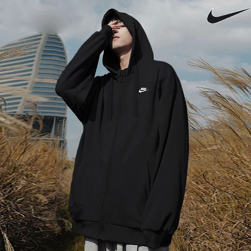 Nike耐克男女装外套2025春季新款针织运动服宽松连帽开衫黑色夹克