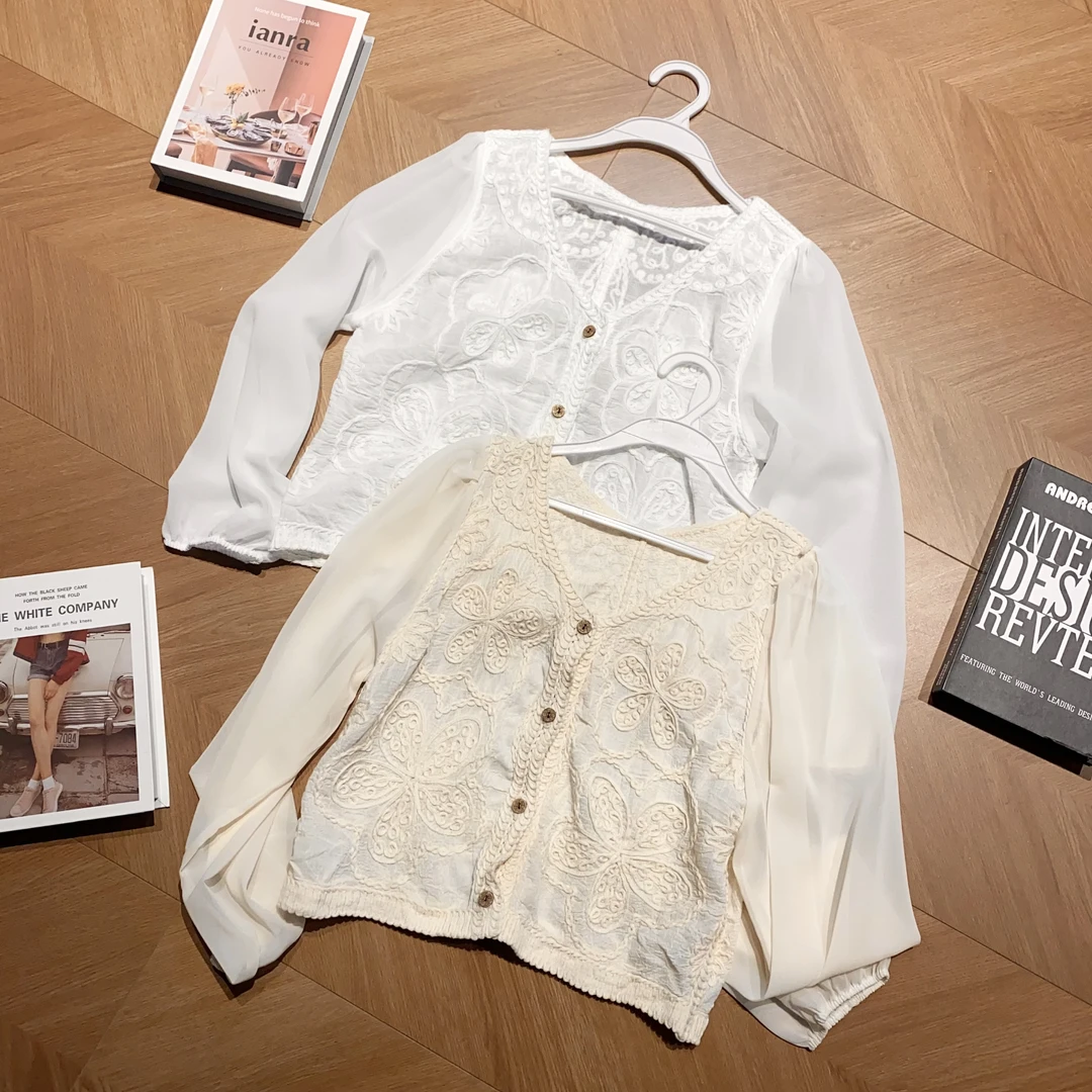 新疆包邮【CY1008-1】蕾丝钩花小衫-衣长49