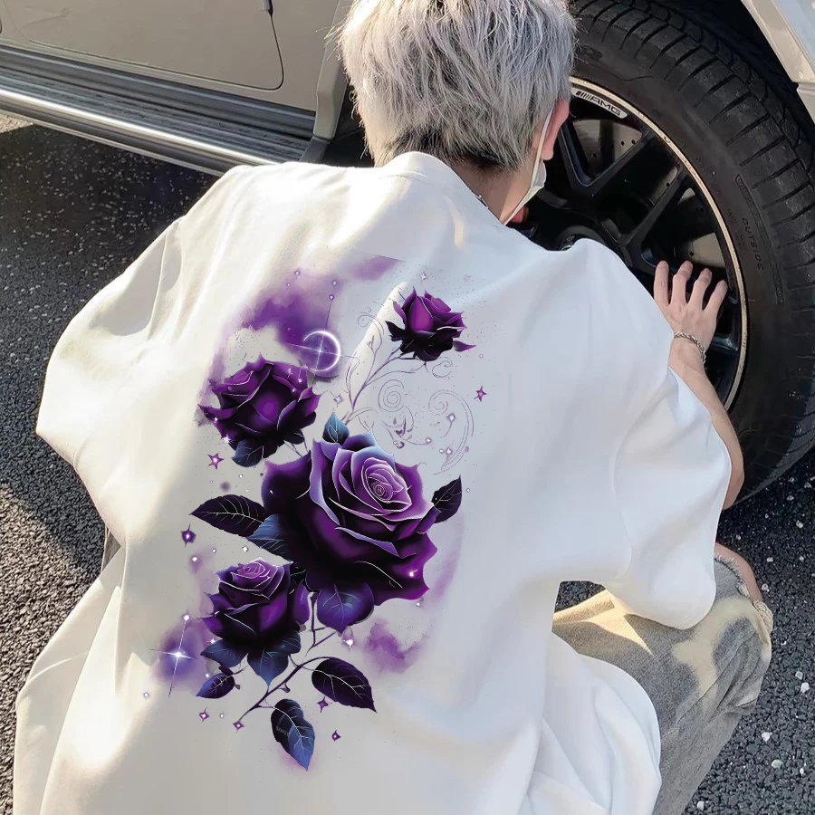 100%重磅纯棉短袖T恤男女同款文艺潮酷玫瑰夏宽松流行男装半袖ZN1