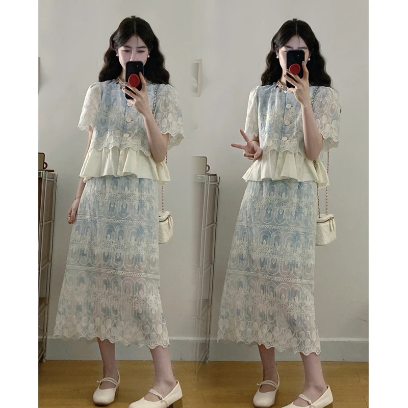 大码夏季新款设计感蕾丝重工刺绣亮片上衣宽松半身裙法式两件套