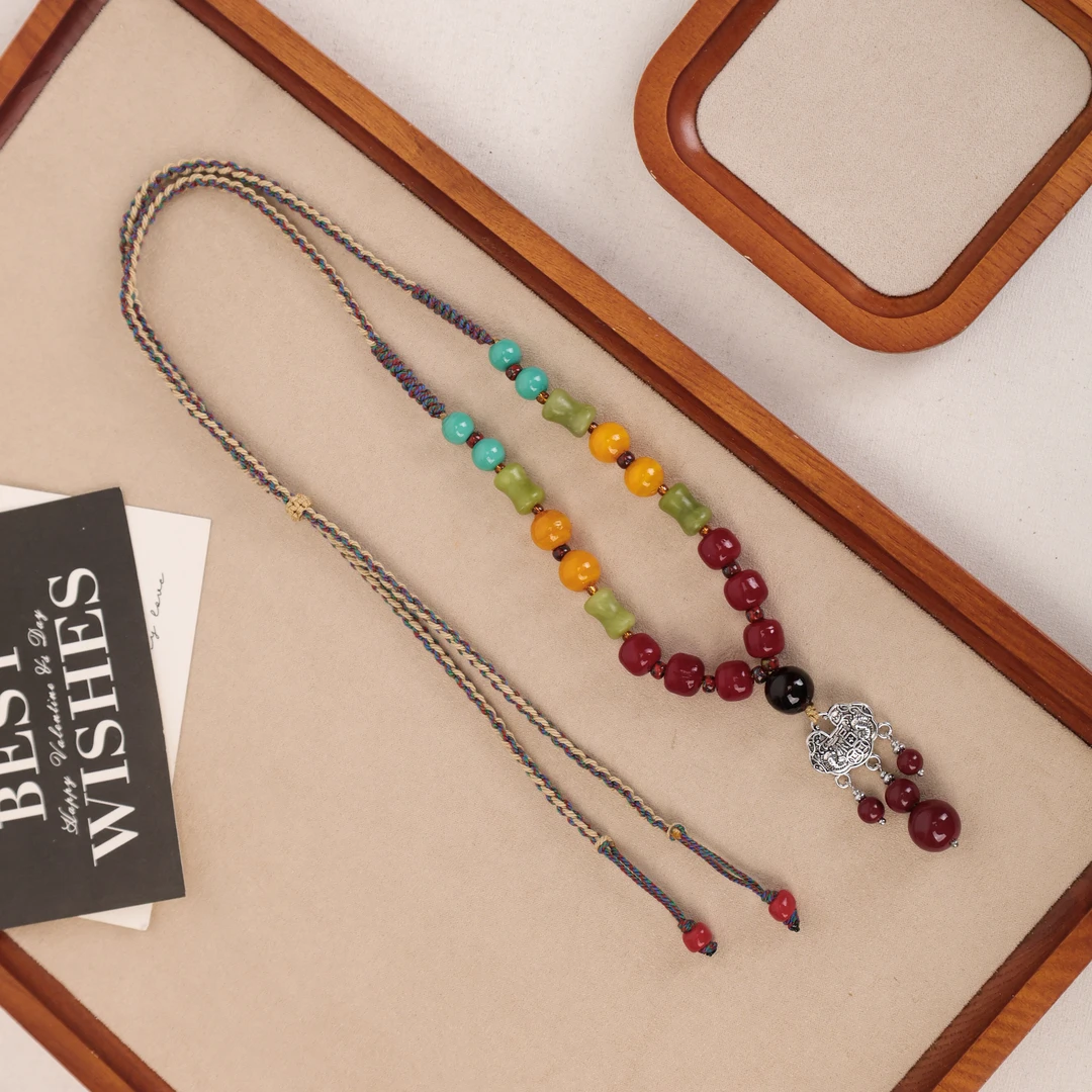 天然辰砂LZ2583绳编 紫金砂怀业珠朱砂项链