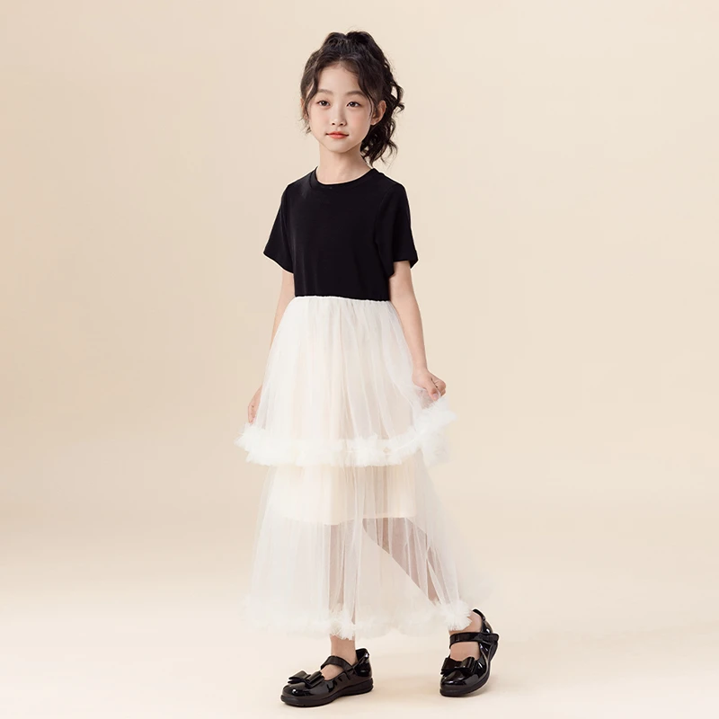 女童连衣裙夏2025新款洋气韩版女孩中长款公主裙儿童裙子拼接纱裙