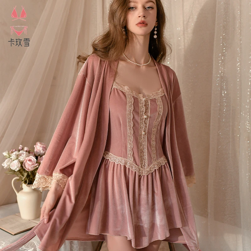 [娶玥羞羞]性感居家吊带裙睡袍法式秋冬系列丝绒款居家可外穿套装