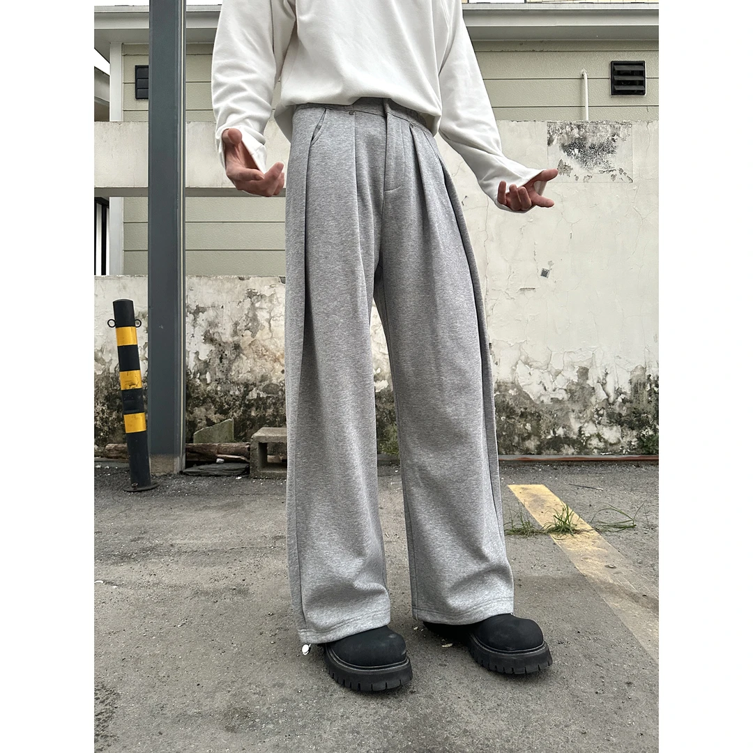 H TONIC 灰色高级感褶皱西裤休闲百搭中腰显高男女情侣裤子