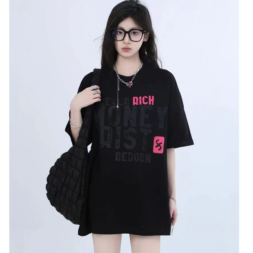黑色洋气衣服女短袖女款爆款2025新款网红加宽加大洋气炸街T恤t恤