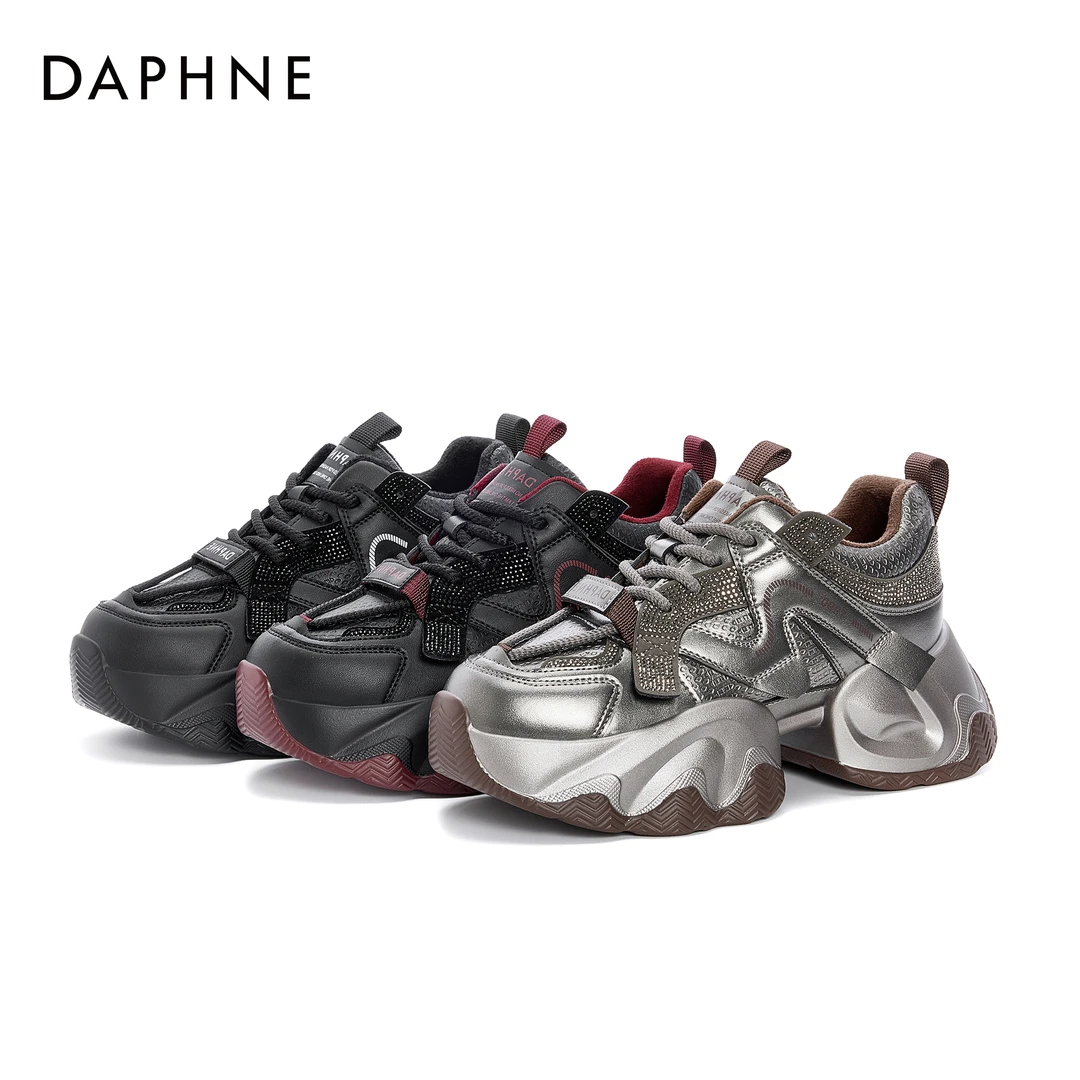 达芙妮银色松糕老爹鞋女2024新款秋冬季加绒运动鞋厚底增高宋茜代