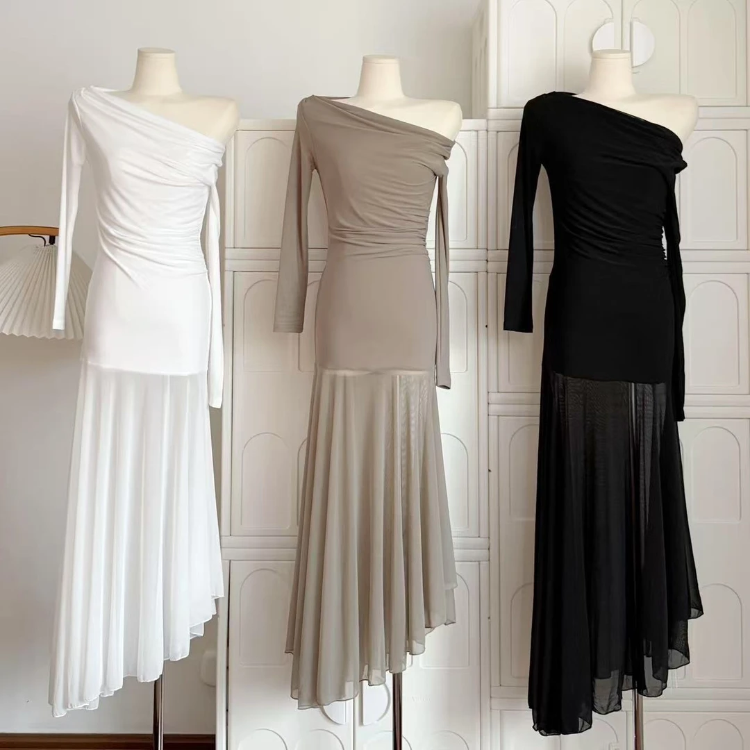 Skk Store jennie同款Lem*风弹力微透不规则修身长袖连衣裙女春夏