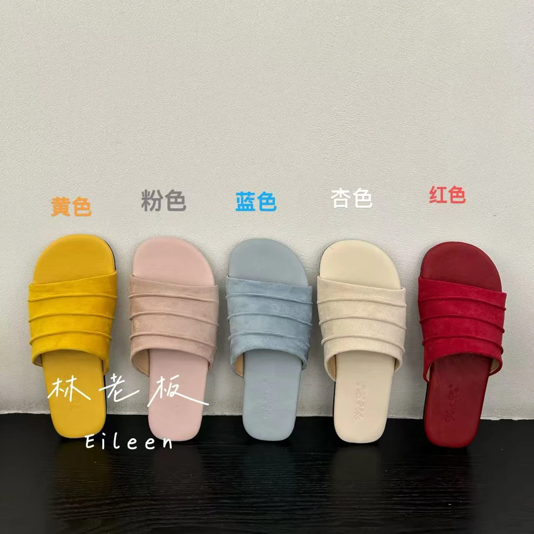 韩版简约百搭小众设计褶皱鞋面平底软底一字拖夏季外穿时尚凉拖
