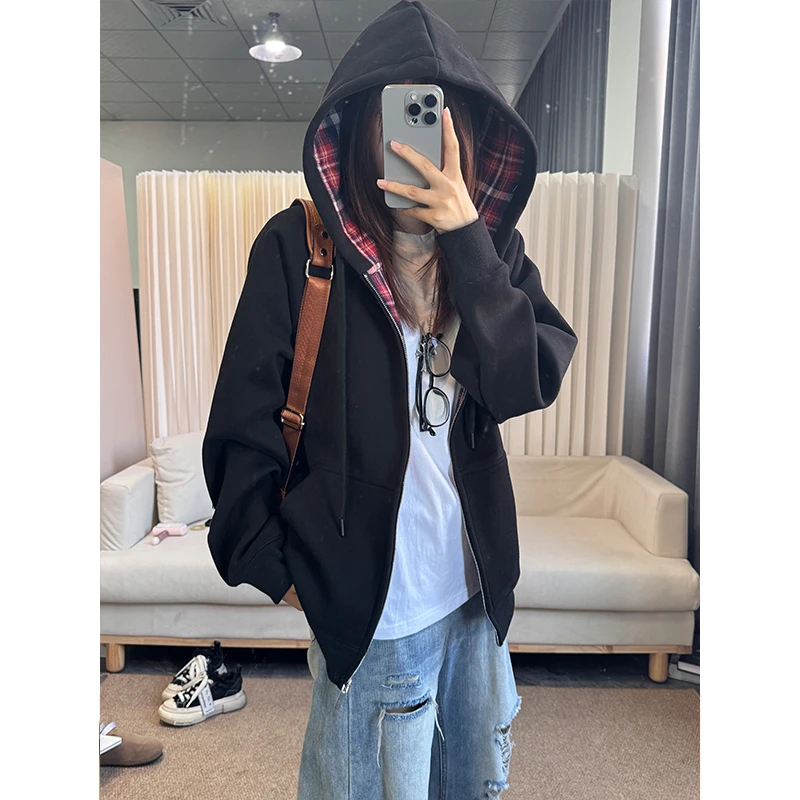 420克重磅美式复古慵懒风拼接格子卫衣外套男款秋季连帽开衫宽松