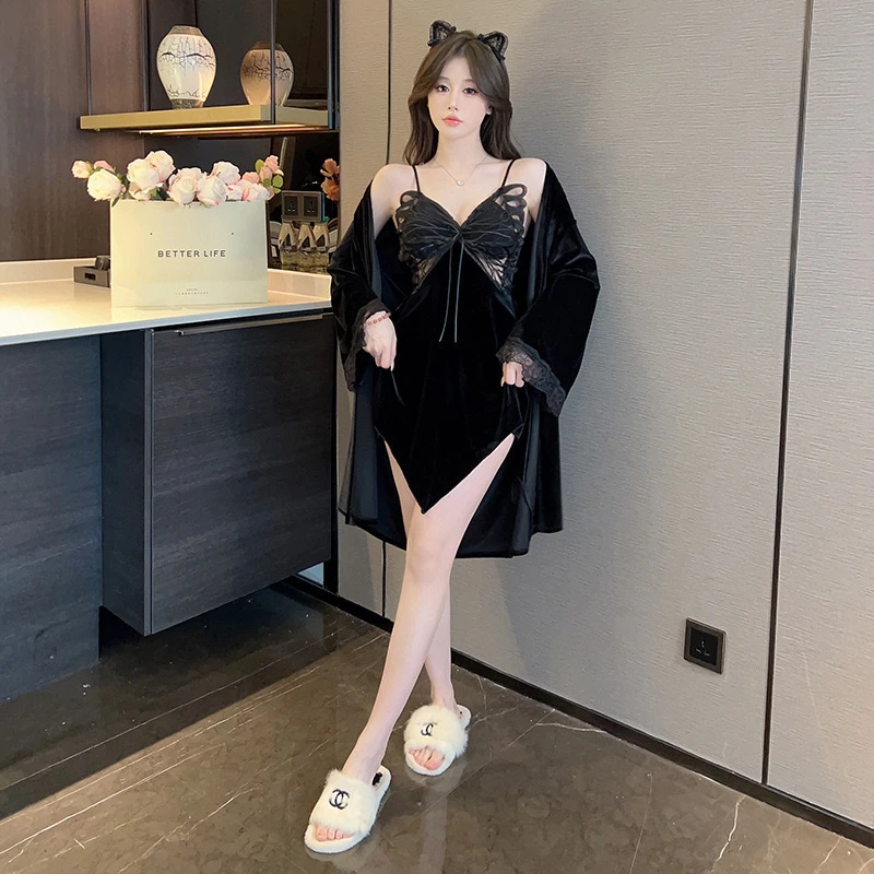 【蝶羽】性感蝴蝶睡裙蕾丝吊带丝绒美背家居服镂空金丝绒睡衣女