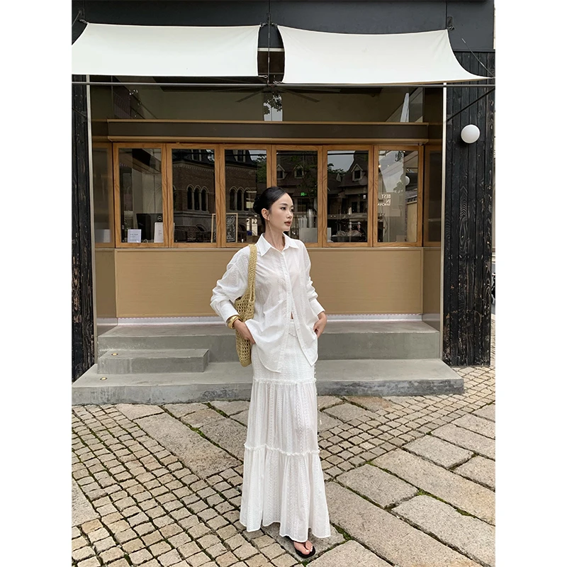 VENUIE【盛夏旅人】简约蕾丝拼接半身裙高腰显瘦长款蛋糕裙22283