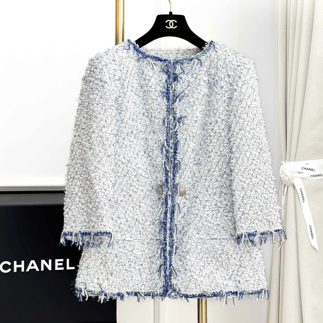 99新 Chanel/香奈儿 36码 蓝白混色 流苏边 长袖 编织 外套